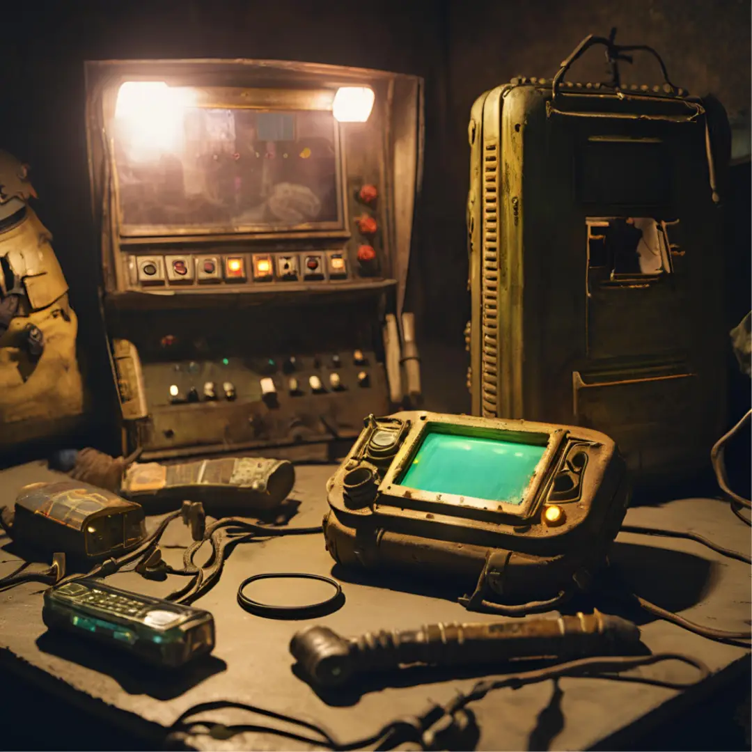 Imagen futurista distopica de dispositivos de comunicacion dispuestos sobre una mesa