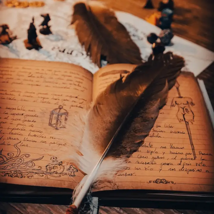 Libro místico con una pluma para escribir